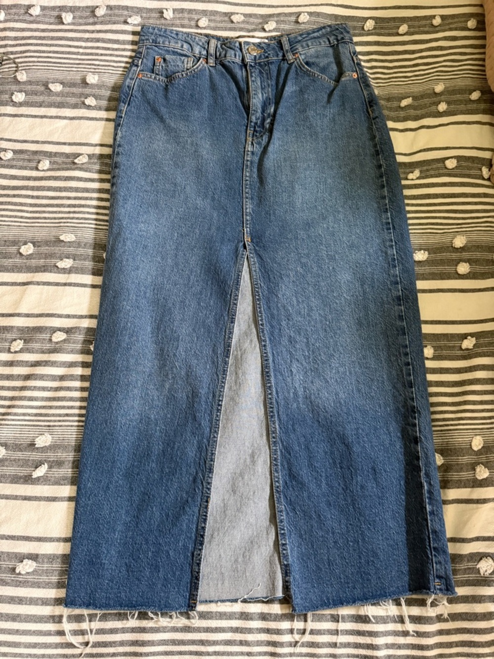 stradivarius Blue High-Waist Midi Denim Skirt with Front Slit